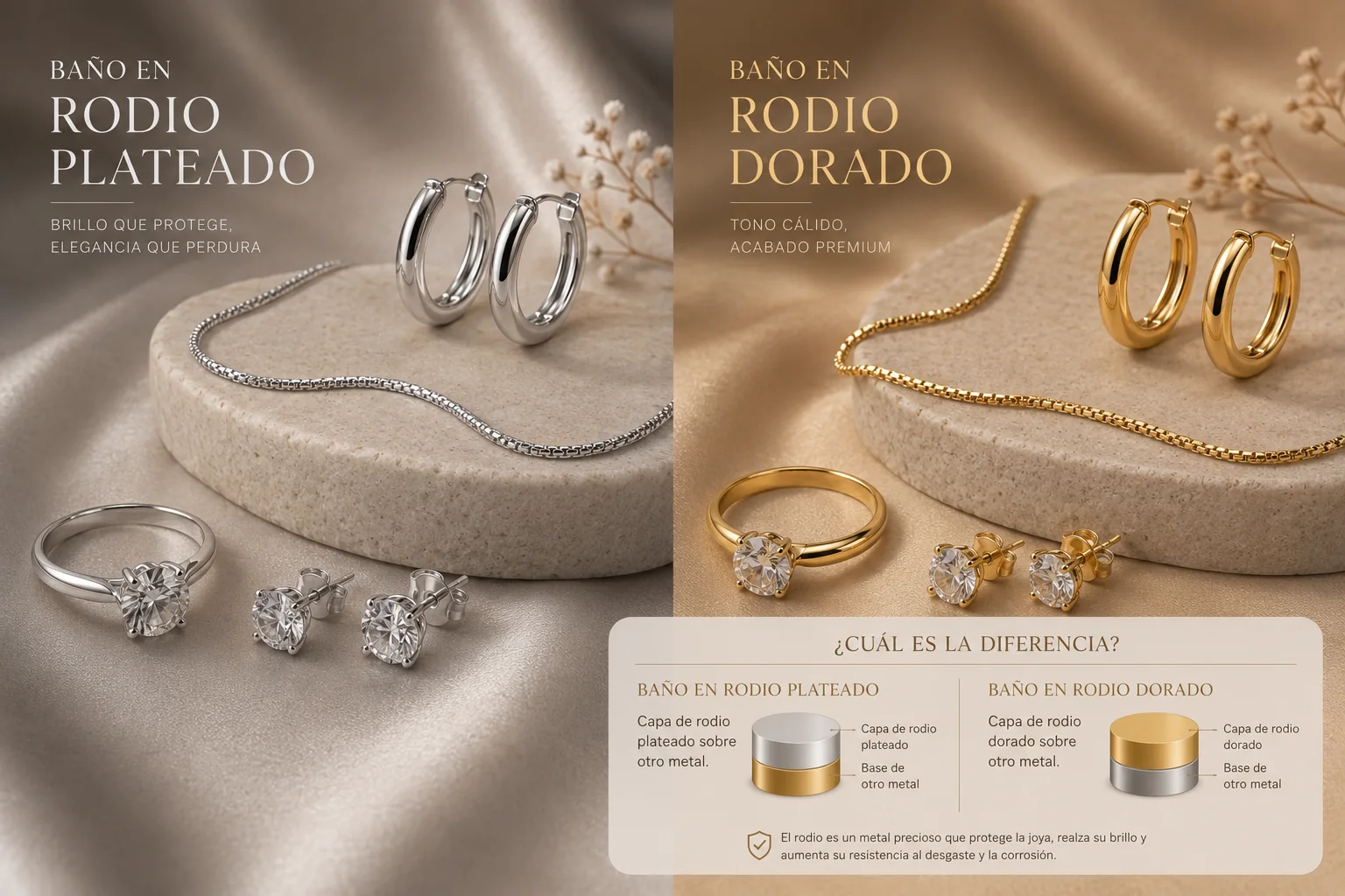 Rodio — Baño en rodio plateado y rodio dorado